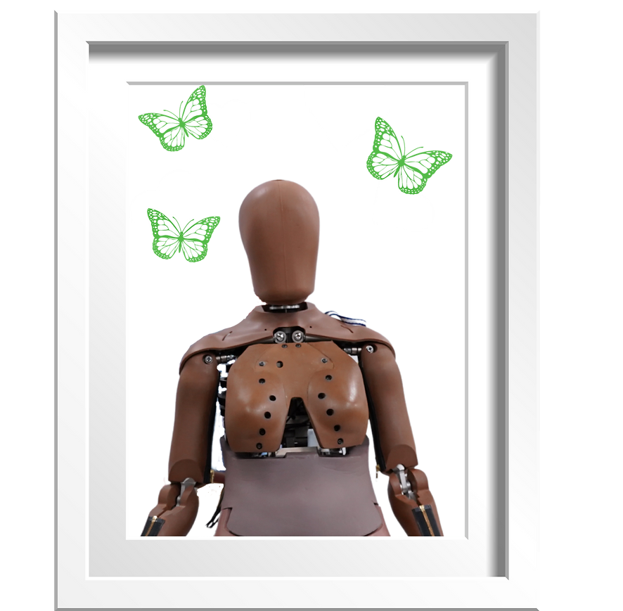 Thor 5F crash test dummy, framed with hearts and flowers